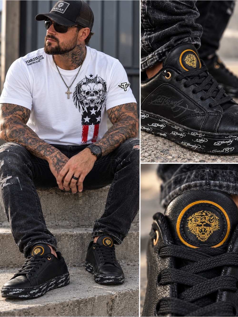 Ed Hardy Black Leather Low-Top Sneakers with Gold Trim